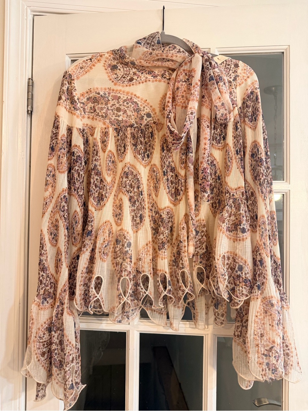 See By Chloe Cream Floral Tie-Neck Peplum Blouse